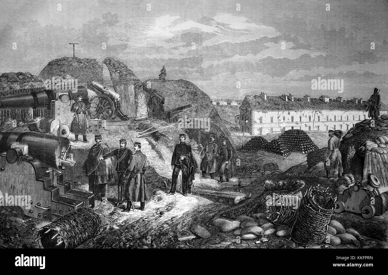 In Fort de Nogent vicino a Parigi dopo l'occupazione da parte delle truppe del Württemberg, Francia, guerra franco-tedesca 1870/71, guerra franco-prussiana o guerra franco-tedesca, la guerra di 1870, un conflitto tra il secondo impero francese di Napoleone III e gli stati tedeschi del Nord tedesco Confederazione guidata dal Regno di Prussia, digitale migliorata la riproduzione di un originale xilografia Foto Stock