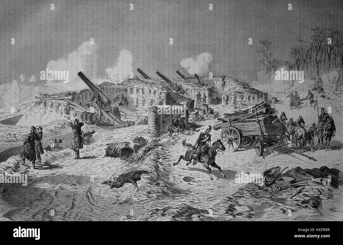 24 sassone-pounder naval carronade assedio batteria nella parte anteriore del Fort de Rosny, Francia, guerra franco-tedesca 1870/71, guerra franco-prussiana o guerra franco-tedesca, la guerra di 1870, un conflitto tra il secondo impero francese di Napoleone III e gli stati tedeschi del Nord tedesco Confederazione guidata dal Regno di Prussia, digitale migliorata la riproduzione di un originale xilografia Foto Stock