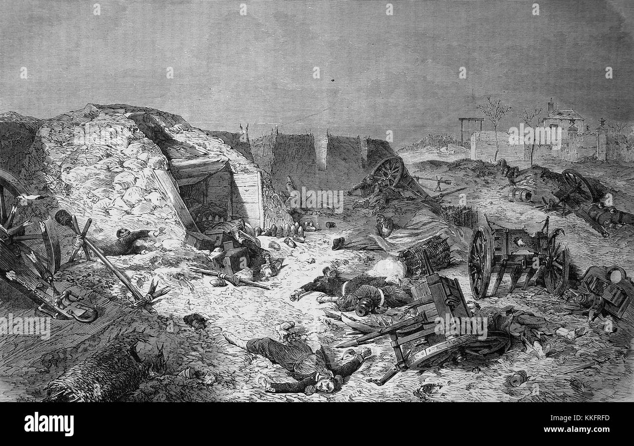 Teatro di guerra con morti, abbandonato batteria francese sul Monte Abron, Francia, guerra franco-tedesca 1870/71, guerra franco-prussiana o guerra franco-tedesca, la guerra di 1870, un conflitto tra il secondo impero francese di Napoleone III e gli stati tedeschi del Nord tedesco Confederazione guidata dal Regno di Prussia, digitale migliorata la riproduzione di un originale xilografia Foto Stock