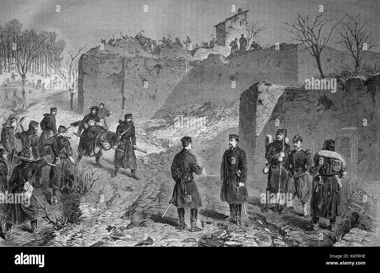 I soldati francesi demolire le batterie sul Monte Abron, Francia, guerra franco-tedesca 1870/71, guerra franco-prussiana o guerra franco-tedesca, la guerra di 1870, un conflitto tra il secondo impero francese di Napoleone III e gli stati tedeschi del Nord tedesco Confederazione guidata dal Regno di Prussia, digitale migliorata la riproduzione di un originale xilografia Foto Stock