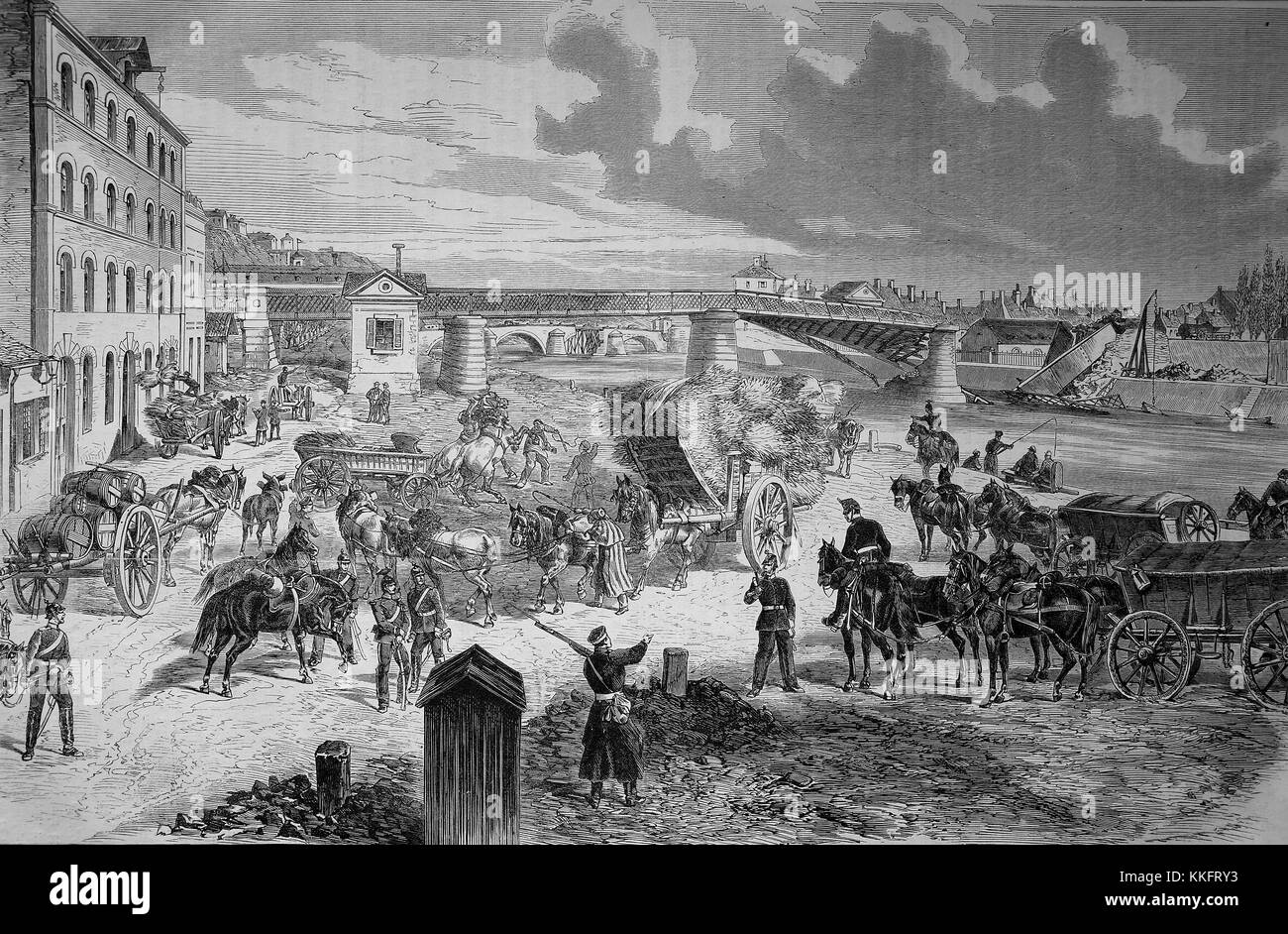 L'esercito magazine e sabbiati ponti in Pontoise a Parigi, Francia, guerra franco-tedesca 1870/71, guerra franco-prussiana o guerra franco-tedesca, la guerra di 1870, un conflitto tra il secondo impero francese di Napoleone III e gli stati tedeschi del Nord tedesco Confederazione guidata dal Regno di Prussia, digitale migliorata la riproduzione di un originale xilografia Foto Stock