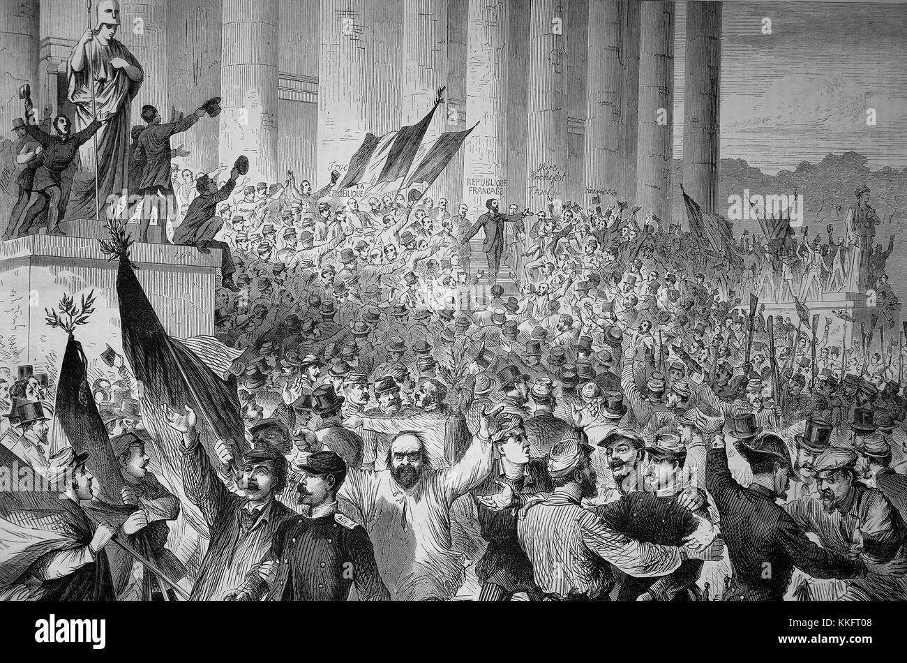 La Proclamazione della Repubblica francese dalla gambetta davanti al palazzo del corpo legislativo a Parigi il 4 settembre in Francia, guerra franco-tedesca 1870/71, guerra franco-prussiana o guerra franco-tedesca, la guerra di 1870, un conflitto tra il secondo impero francese di Napoleone III e gli stati tedeschi del Nord tedesco Confederazione guidata dal Regno di Prussia, digitale migliorata la riproduzione di un originale xilografia Foto Stock