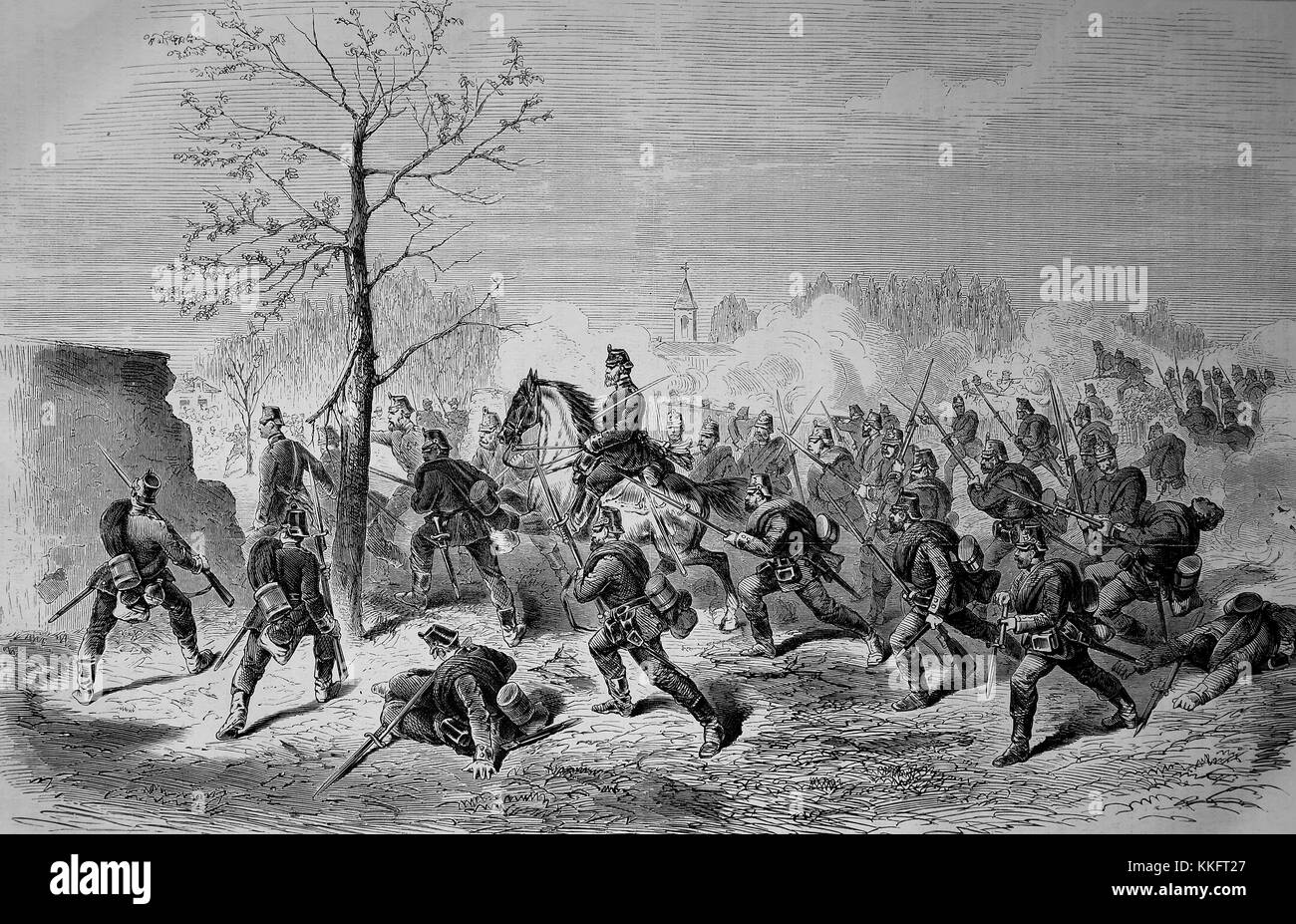 Attacco delle guardie prussiano sul villaggio di Le Bourget il 30 ottobre, Francia, guerra franco-tedesca 1870/71, guerra franco-prussiana o guerra franco-tedesca, la guerra di 1870, un conflitto tra il secondo impero francese di Napoleone III e gli stati tedeschi del Nord tedesco Confederazione guidata dal Regno di Prussia, digitale migliorata la riproduzione di un originale xilografia Foto Stock
