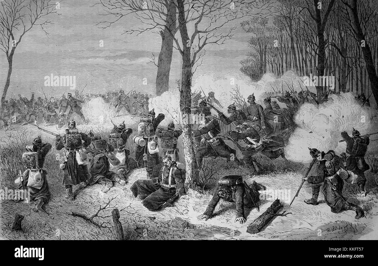 La difesa di Le Bourget contro la battaglia del francese marines in battaglia su Dicembre 21st, Francia, guerra franco-tedesca 1870/71, guerra franco-prussiana o guerra franco-tedesca, la guerra di 1870, un conflitto tra il secondo impero francese di Napoleone III e gli stati tedeschi del Nord tedesco Confederazione guidata dal Regno di Prussia, digitale migliorata la riproduzione di un originale xilografia Foto Stock