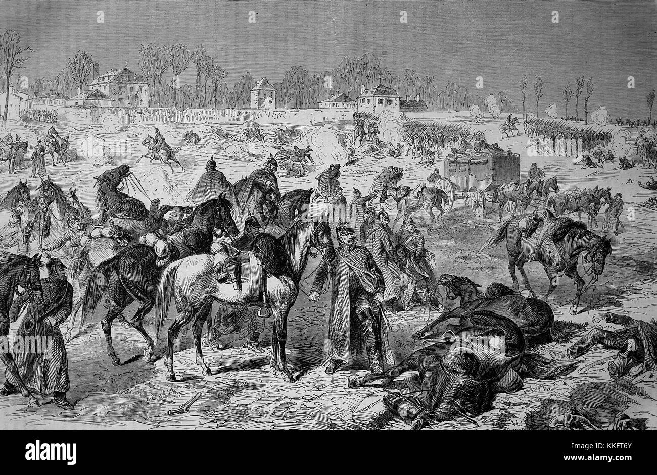 Wuerttemberg e truppe sassone in la granata fuoco vicino Villiers su 30 Novembre, Francia, guerra franco-tedesca 1870/71, guerra franco-prussiana o guerra franco-tedesca, la guerra di 1870, un conflitto tra il secondo impero francese di Napoleone III e gli stati tedeschi del Nord tedesco Confederazione guidata dal Regno di Prussia, digitale migliorata la riproduzione di un originale xilografia Foto Stock
