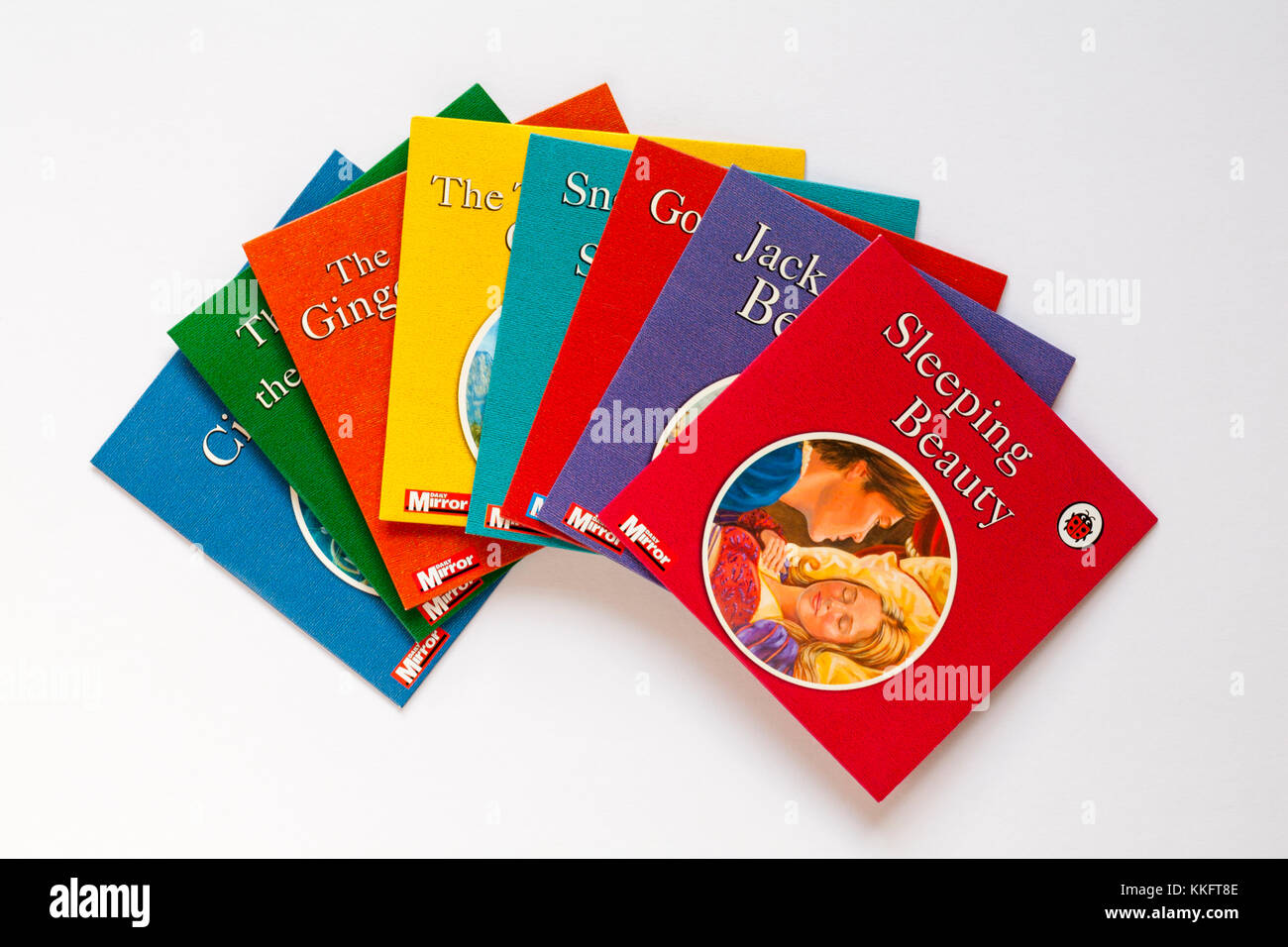 Selezione di Coccinella per bambini con dvd Sleeping Beauty disco sulla parte superiore isolata su sfondo bianco Foto Stock