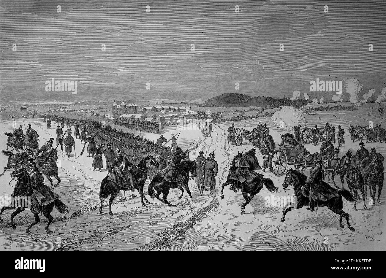 Il Baden truppe nella battaglia di Montbeliard on gennaio 15, 1871, Francia, guerra franco-tedesca 1870/71, guerra franco-prussiana o guerra franco-tedesca, la guerra di 1870, un conflitto tra il secondo impero francese di Napoleone III e gli stati tedeschi del Nord tedesco Confederazione guidata dal Regno di Prussia, digitale migliorata la riproduzione di un originale xilografia Foto Stock