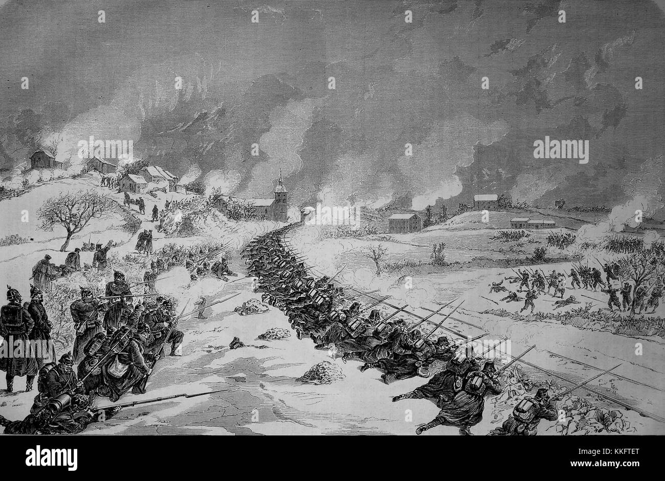La battaglia della diga ferroviaria a Bethoncourt il 16 gennaio 1871, Francia, guerra franco-tedesca 1870/71, guerra franco-prussiana o guerra franco-tedesca, la guerra di 1870, un conflitto tra il secondo impero francese di Napoleone III e gli stati tedeschi del Nord tedesco Confederazione guidata dal Regno di Prussia, digitale migliorata la riproduzione di un originale xilografia Foto Stock