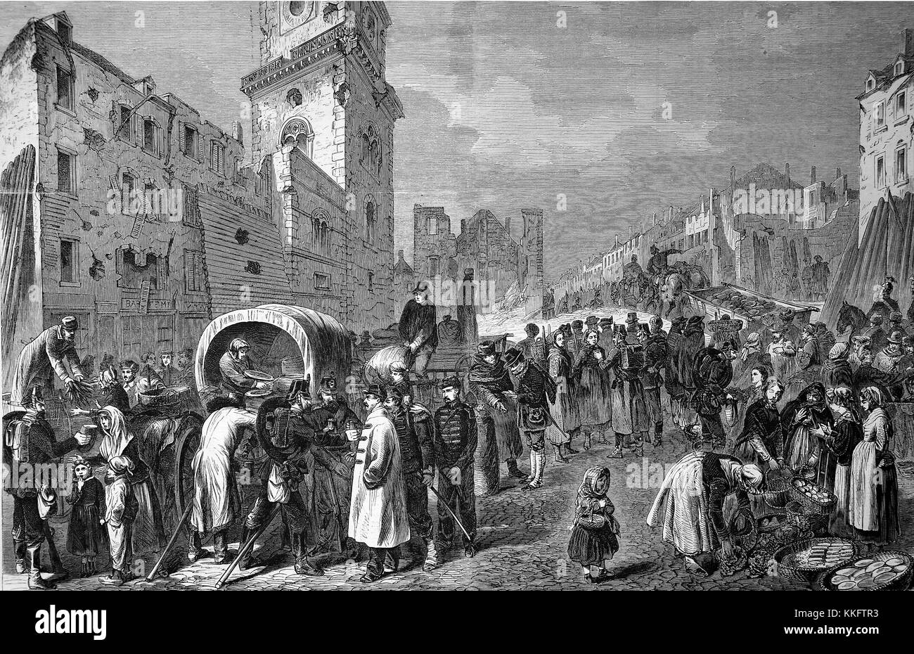 Nel marketplace di Thionville, Tedesco Diedenhofen, dopo la capitolazione di Novembre 25, Francia, guerra franco-tedesca 1870/71, guerra franco-prussiana o guerra franco-tedesca, la guerra di 1870, un conflitto tra il secondo impero francese di Napoleone III e gli stati tedeschi del Nord tedesco Confederazione guidata dal Regno di Prussia, digitale migliorata la riproduzione di un originale xilografia Foto Stock