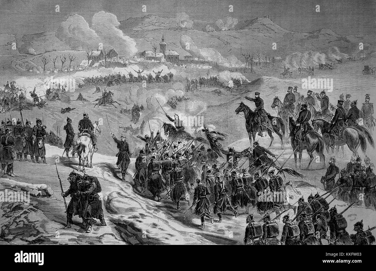 Battaglia di Champagne e Abre-l'Eveque sostenute Le Mans su gennaio 11th, Francia, guerra franco-tedesca 1870/71, guerra franco-prussiana o guerra franco-tedesca, la guerra di 1870, un conflitto tra il secondo impero francese di Napoleone III e gli stati tedeschi del Nord tedesco Confederazione guidata dal Regno di Prussia, digitale migliorata la riproduzione di un originale xilografia Foto Stock