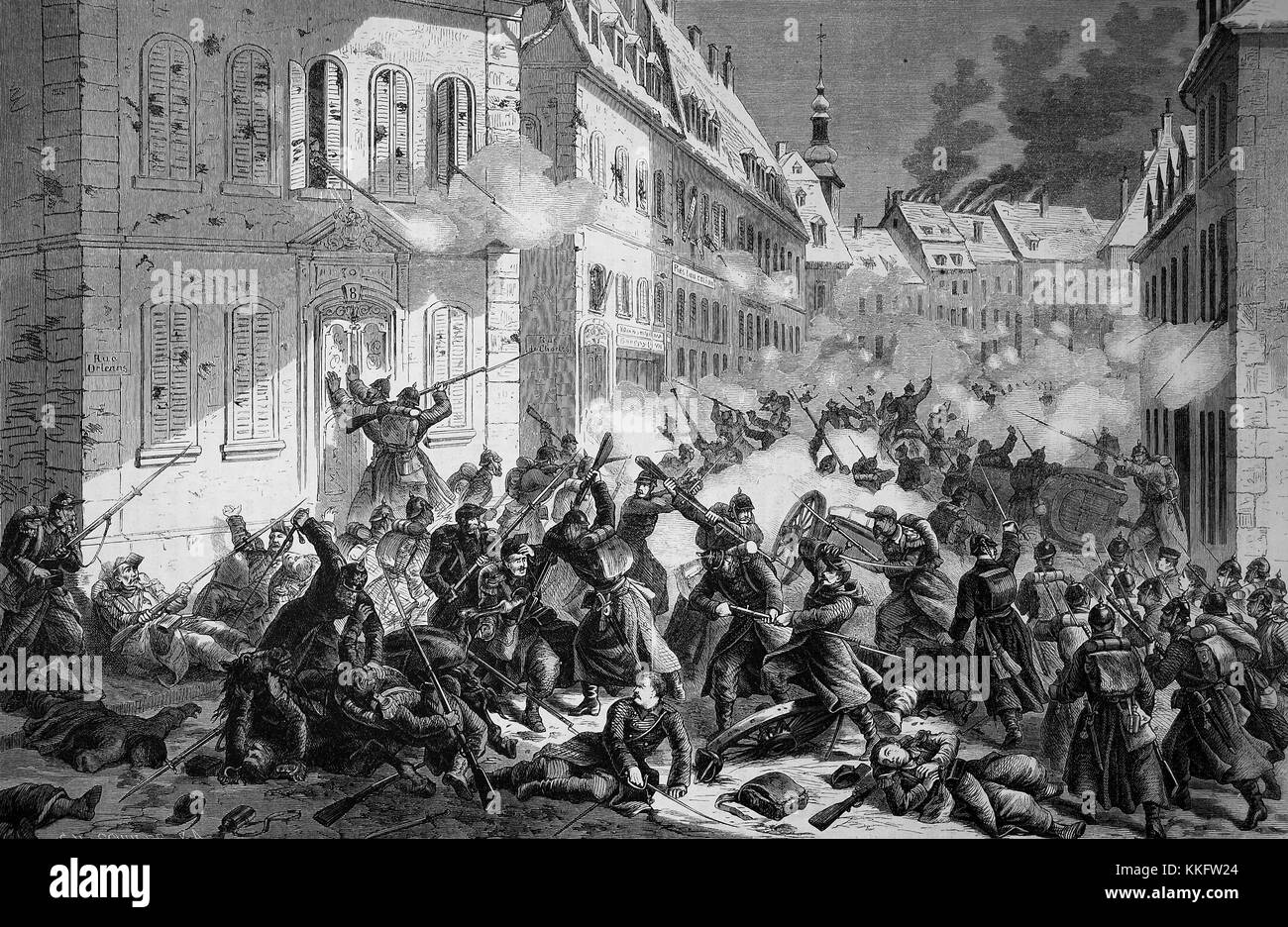 Street fight in Le Mans su gennaio 12th, Francia, guerra franco-tedesca 1870/71, guerra franco-prussiana o guerra franco-tedesca, la guerra di 1870, un conflitto tra il secondo impero francese di Napoleone III e gli stati tedeschi del Nord tedesco Confederazione guidata dal Regno di Prussia, digitale migliorata la riproduzione di un originale xilografia Foto Stock