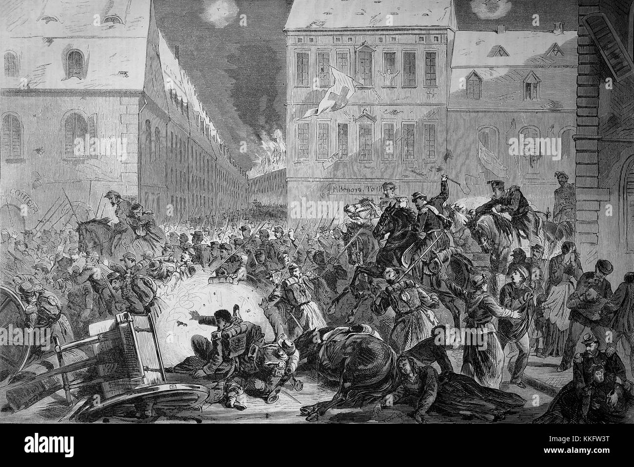 La fuga dei Francesi da Le Mans la sera del 12 gennaio, Francia, guerra franco-tedesca 1870/71, guerra franco-prussiana o guerra franco-tedesca, la guerra di 1870, un conflitto tra il secondo impero francese di Napoleone III e gli stati tedeschi del Nord tedesco Confederazione guidata dal Regno di Prussia, digitale migliorata la riproduzione di un originale xilografia Foto Stock