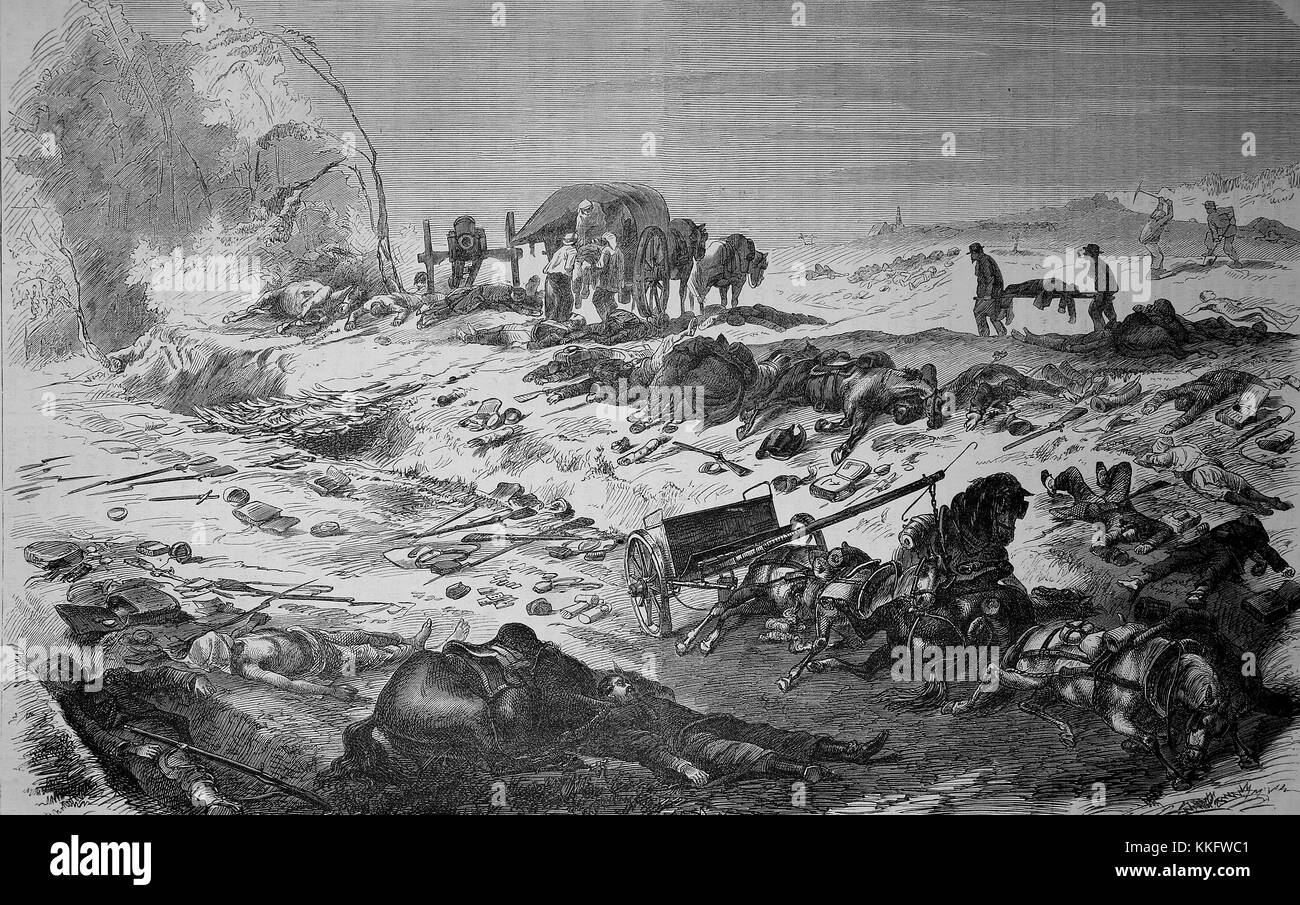 Il campo di battaglia a Sedan sulla Chaussee Givonne sopra la sera del 1 settembre, Francia, guerra franco-tedesca 1870/71, guerra franco-prussiana o guerra franco-tedesca, la guerra di 1870, un conflitto tra il secondo impero francese di Napoleone III e gli stati tedeschi del Nord tedesco Confederazione guidata dal Regno di Prussia, digitale migliorata la riproduzione di un originale xilografia Foto Stock