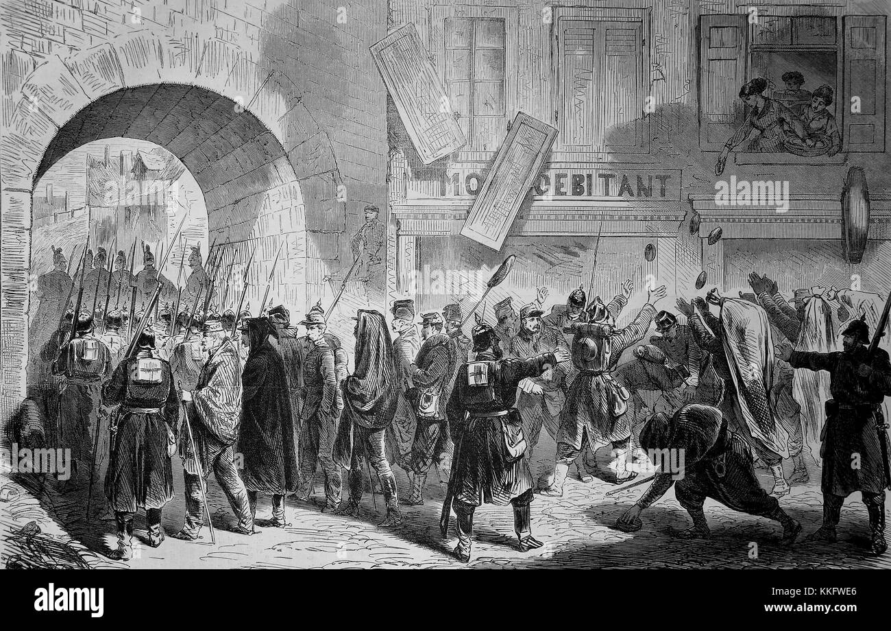 La partenza del francese prigioniero di guerra da Sedan il 2 settembre, Francia, guerra franco-tedesca 1870/71, guerra franco-prussiana o guerra franco-tedesca, la guerra di 1870, un conflitto tra il secondo impero francese di Napoleone III e gli stati tedeschi del Nord tedesco Confederazione guidata dal Regno di Prussia, digitale migliorata la riproduzione di un originale xilografia Foto Stock