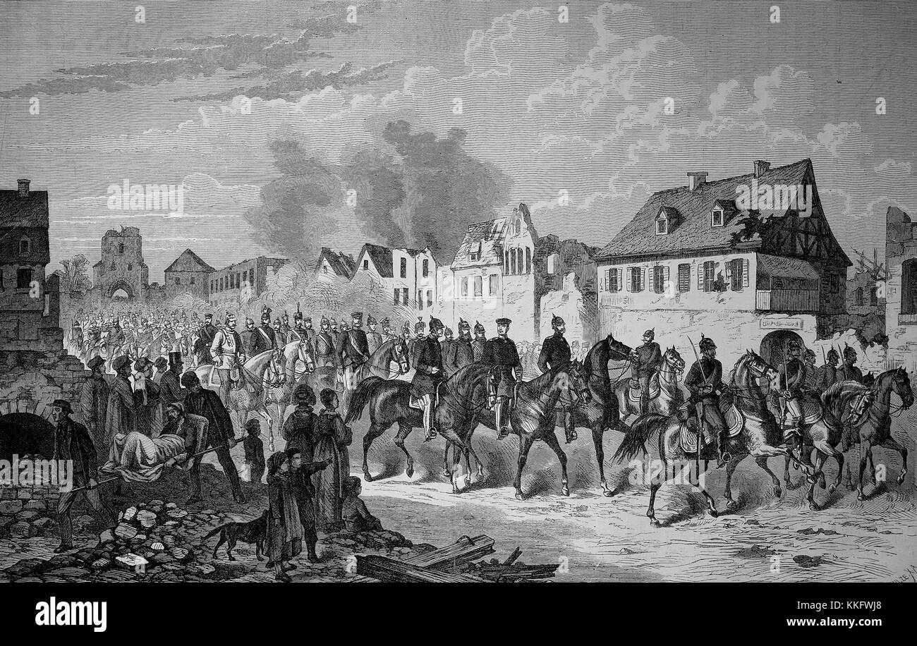 Il Werder generale si muove in Strasburgo dopo la capitolazione del 30 settembre, Francia, guerra franco-tedesca 1870/71, guerra franco-prussiana o guerra franco-tedesca, la guerra di 1870, un conflitto tra il secondo impero francese di Napoleone III e gli stati tedeschi del Nord tedesco Confederazione guidata dal Regno di Prussia, digitale migliorata la riproduzione di un originale xilografia Foto Stock