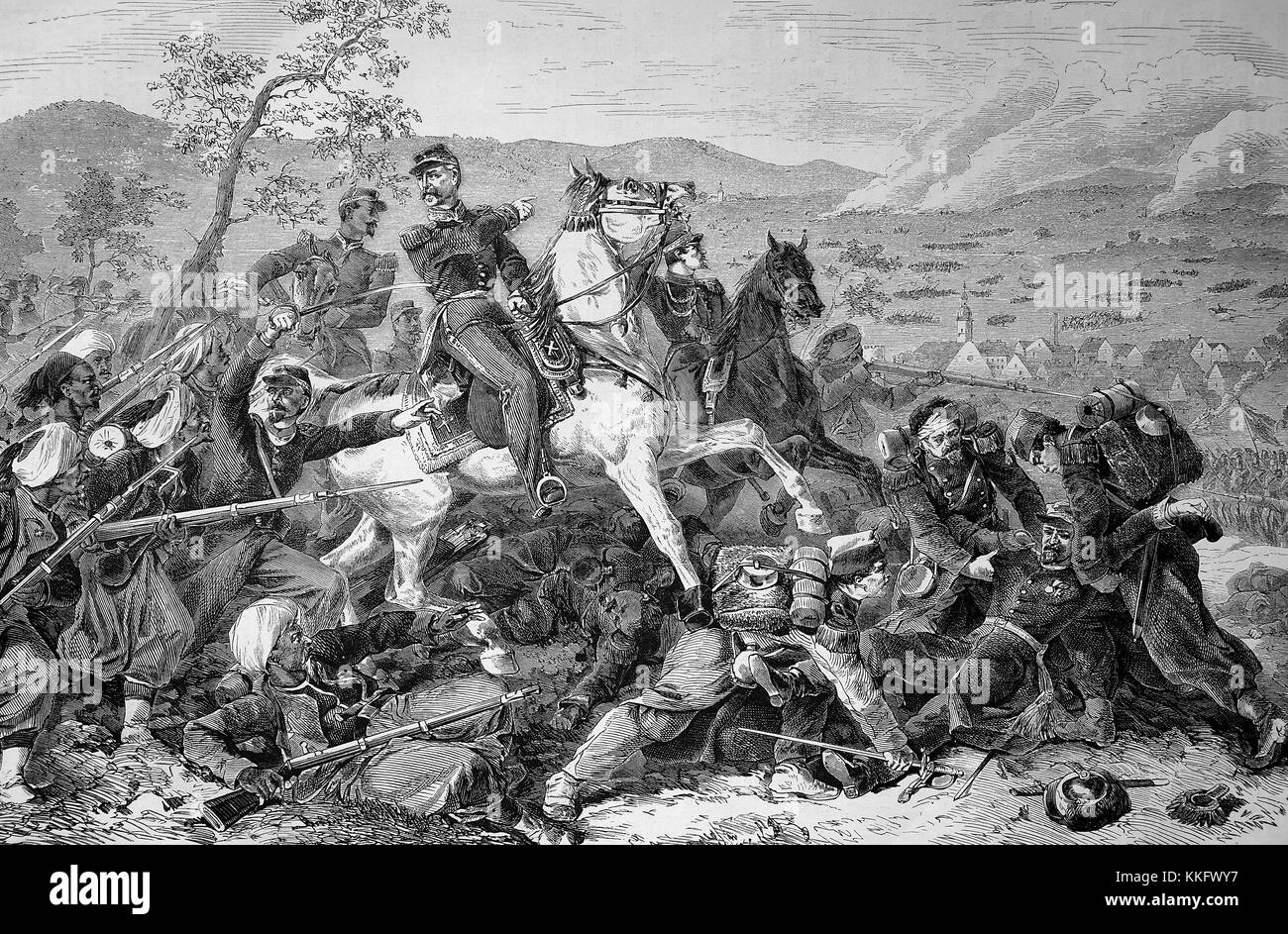 Patrice de Mac-Mahon a cavallo nella battaglia di Woerth, guerra franco-tedesca 1870/71, guerra franco-prussiana o guerra franco-tedesca, la guerra di 1870, un conflitto tra il secondo impero francese di Napoleone III e gli stati tedeschi del Nord tedesco Confederazione guidata dal Regno di Prussia, digitale migliorata la riproduzione di un originale xilografia Foto Stock
