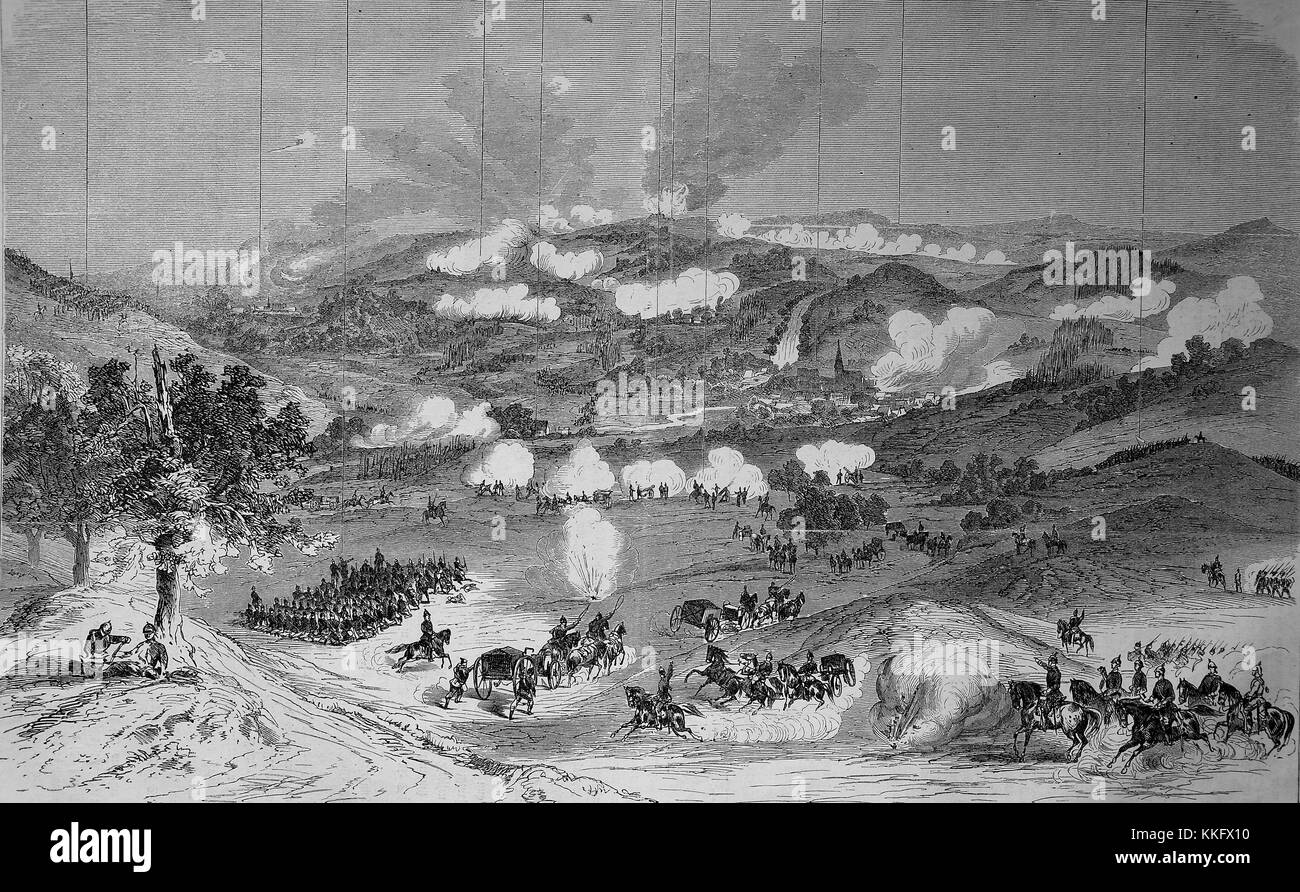 La battaglia di Woerth, Germania, guerra franco-tedesca 1870/71, guerra franco-prussiana o guerra franco-tedesca, la guerra di 1870, un conflitto tra il secondo impero francese di Napoleone III e gli stati tedeschi del Nord tedesco Confederazione guidata dal Regno di Prussia, digitale migliorata la riproduzione di un originale xilografia Foto Stock