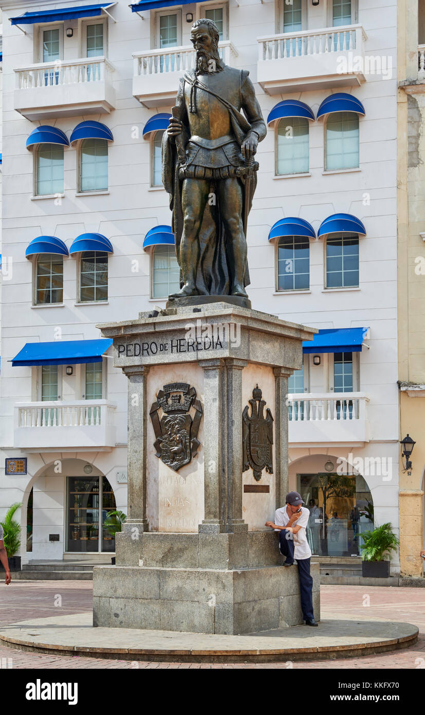 Statua di Pedro de Heredia il fondatore di Cartagena de Indias, Colombia, Sud America Foto Stock