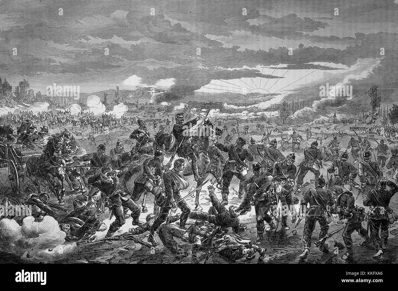 Il prussiano 1° Divisione nella battaglia di Pange il 14 agosto, guerra franco-tedesca 1870/71, guerra franco-prussiana o guerra franco-tedesca, la guerra di 1870, un conflitto tra il secondo impero francese di Napoleone III e gli stati tedeschi del Nord tedesco Confederazione guidata dal Regno di Prussia, digitale migliorata la riproduzione di un originale xilografia Foto Stock