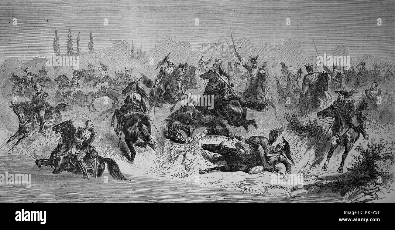 Attacco del XIII prussiano reggimento ussari francesi Cuirassiers a Beaumont il 30 agosto, guerra franco-tedesca 1870/71, guerra franco-prussiana o guerra franco-tedesca, la guerra di 1870, un conflitto tra il secondo impero francese di Napoleone III e gli stati tedeschi del Nord tedesco Confederazione guidata dal Regno di Prussia, digitale migliorata la riproduzione di un originale xilografia Foto Stock