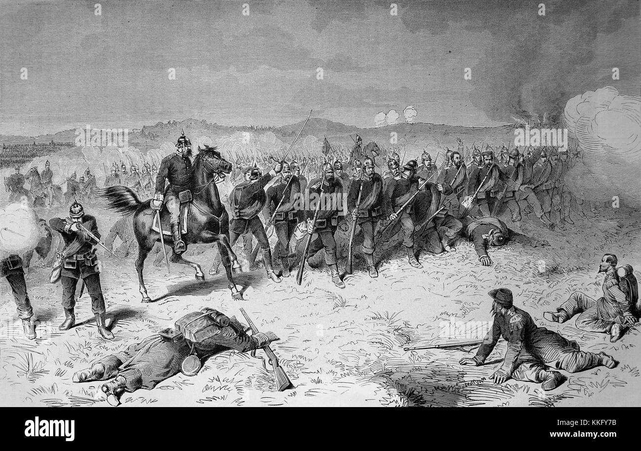 La guardia prussiana alla battaglia di Sedan la mattina del 1 settembre, guerra franco-tedesca 1870/71, guerra franco-prussiana o guerra franco-tedesca, la guerra di 1870, un conflitto tra il secondo impero francese di Napoleone III e gli stati tedeschi del Nord tedesco Confederazione guidata dal Regno di Prussia, digitale migliorata la riproduzione di un originale xilografia Foto Stock