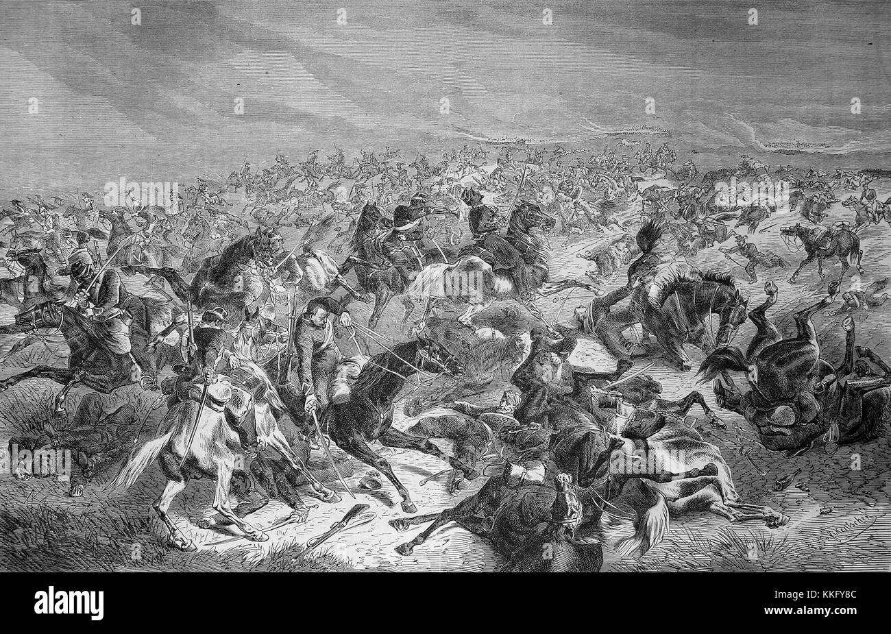 Soldati prussiani sparare a piloti francesi, Prussiani a fuoco rapido sulla cavalleria francese alla battaglia di Sedan intorno a mezzogiorno del 1 settembre, guerra franco-tedesca 1870/71, guerra franco-prussiana o guerra franco-tedesca, la guerra di 1870, un conflitto tra il secondo impero francese di Napoleone III e gli stati tedeschi del Nord tedesco Confederazione guidata dal Regno di Prussia, digitale migliorata la riproduzione di un originale xilografia Foto Stock