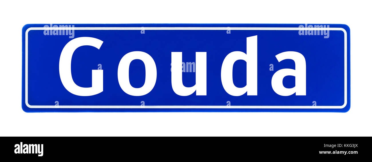 Città segno limite di Gouda, Paesi Bassi isolato su uno sfondo bianco Foto Stock