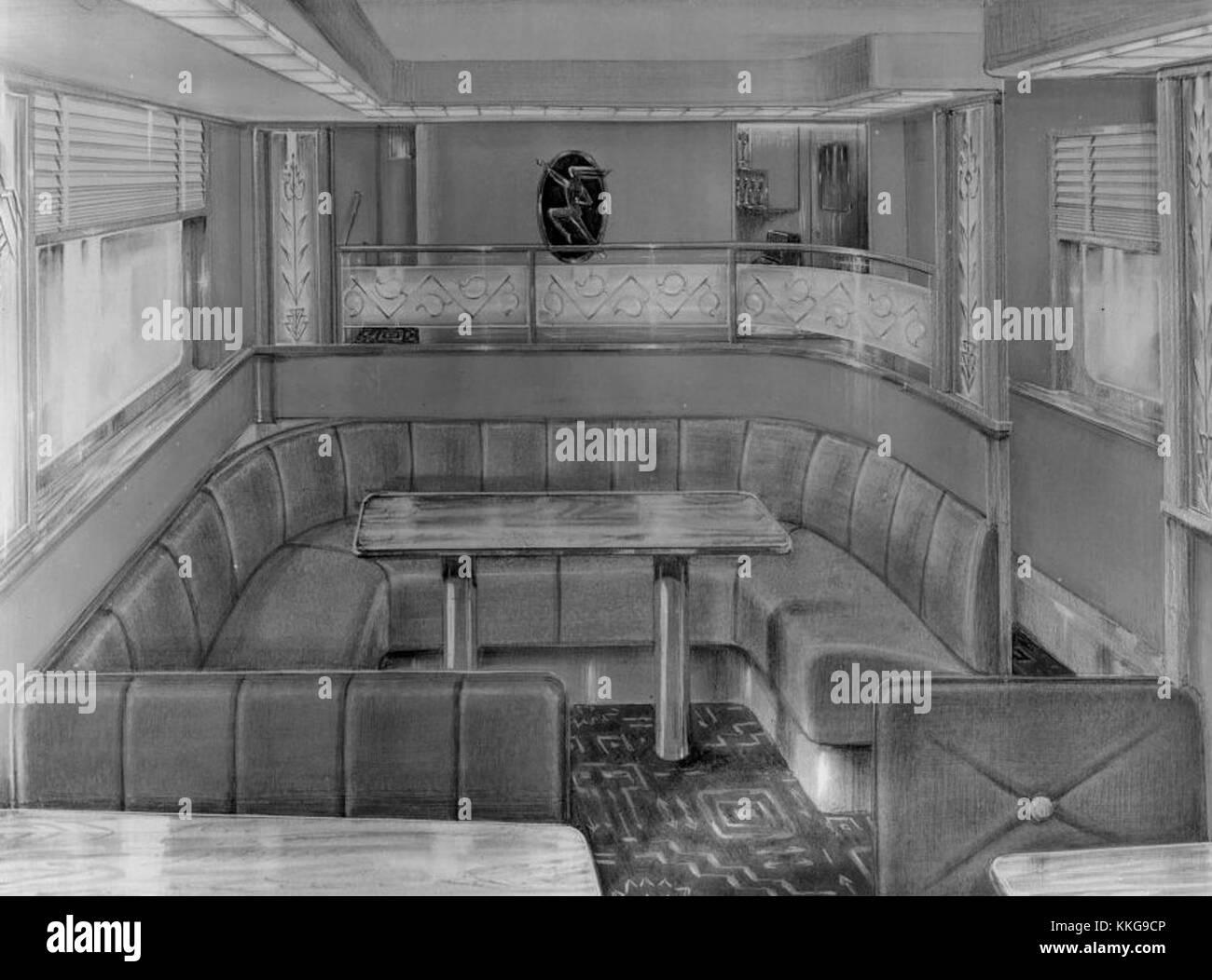 Questa illustrazione raffigura l'auto a cupola di Milwaukee Road, parte della flotta della rinomata compagnia ferroviaria americana. Conosciuta per il suo lusso e le viste panoramiche, l'auto è stata progettata per offrire ai passeggeri un'esperienza di viaggio unica, soprattutto attraverso aree panoramiche. Foto Stock