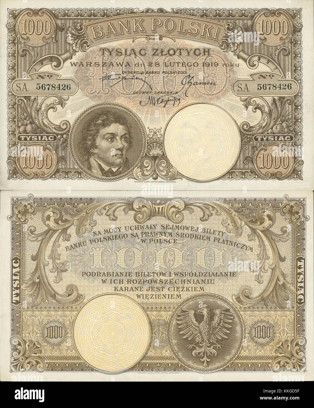 La banconota da 1000 złoty, emessa il 28 febbraio 1919, durante la seconda Repubblica di Polonia, presenta Tadeusz Kościuszko sul dritto e l'aquila polacca sul retro. Questa banconota di alto taglio ha giocato un ruolo significativo nell'economia polacca dopo la prima guerra mondiale. Foto Stock