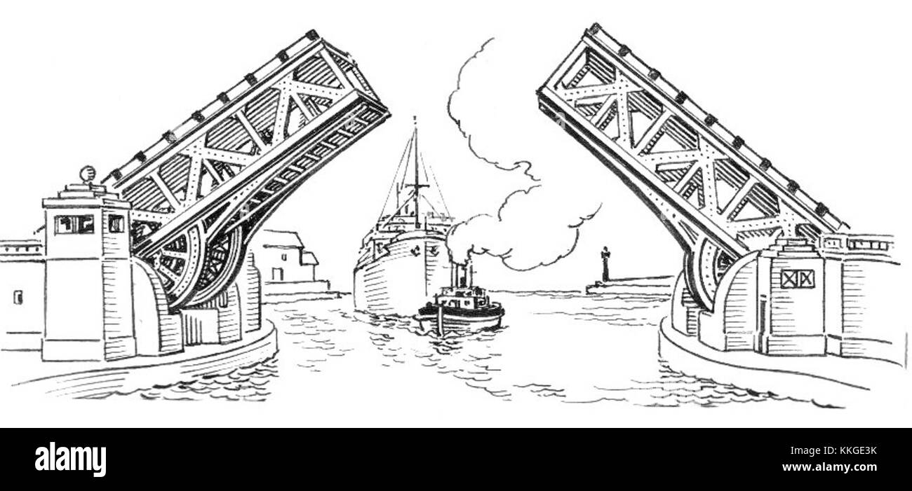 Il ponte di Bascule è un tipo di ponte mobile che utilizza un contrappeso per sollevare il ponte per il passaggio delle navi. Questa progettazione tecnica è comunemente utilizzata nelle infrastrutture marittime. Foto Stock