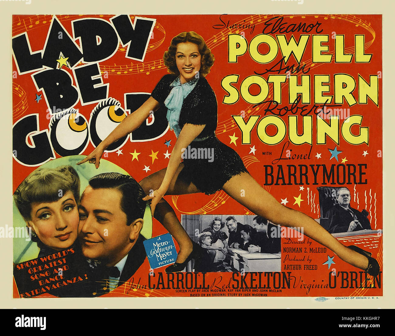 Il poster del film del 1941 per *Lady Be Good*, un film comico musicale diretto da Norman Z. McLeod. Il film è interpretato da Eleanor Powell e Robert Young, ed è basato sull'omonimo musical di Broadway del 1924. Il poster mette in evidenza il tono allegro del film, caratterizzato da una tipografia audace e da una grafica brillante. Foto Stock
