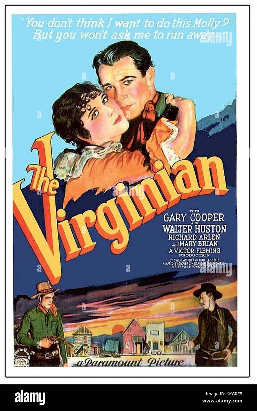 Il poster Virginiano presenta le immagini e i temi chiave del classico show televisivo occidentale. Conosciuto per la sua rappresentazione della vita di frontiera e della cultura dei cowboy, lo spettacolo è diventato una rappresentazione iconica del West americano, con un focus su forti valori morali, avventura e sfide della vita nell'aspro West. Foto Stock