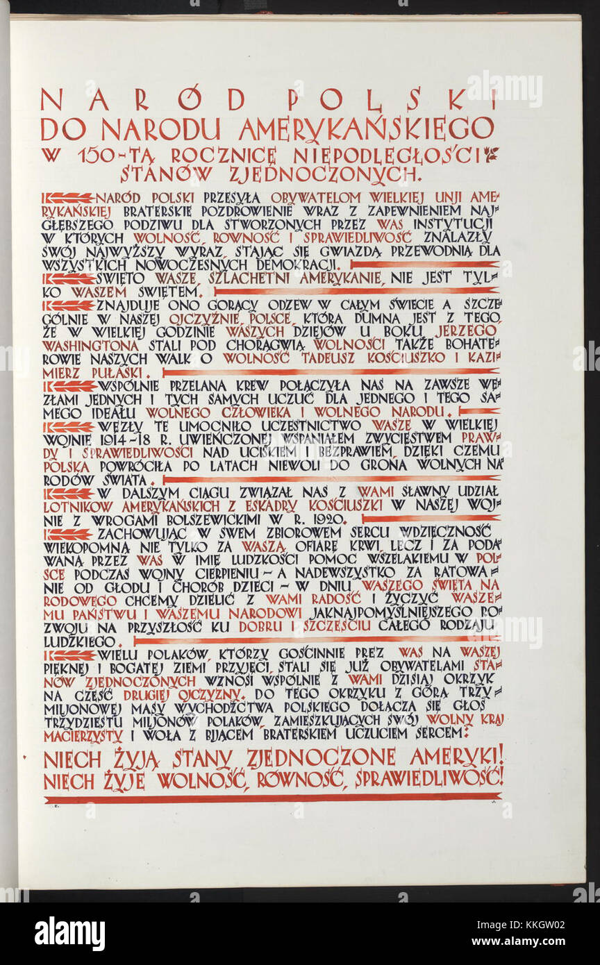 Le dichiarazioni polacche di ammirazione e amicizia per gli Stati Uniti, probabilmente riferite a un evento storico, riflettono la solidarietà tra Polonia e Stati Uniti, mostrando relazioni diplomatiche durante un momento chiave della storia. Foto Stock