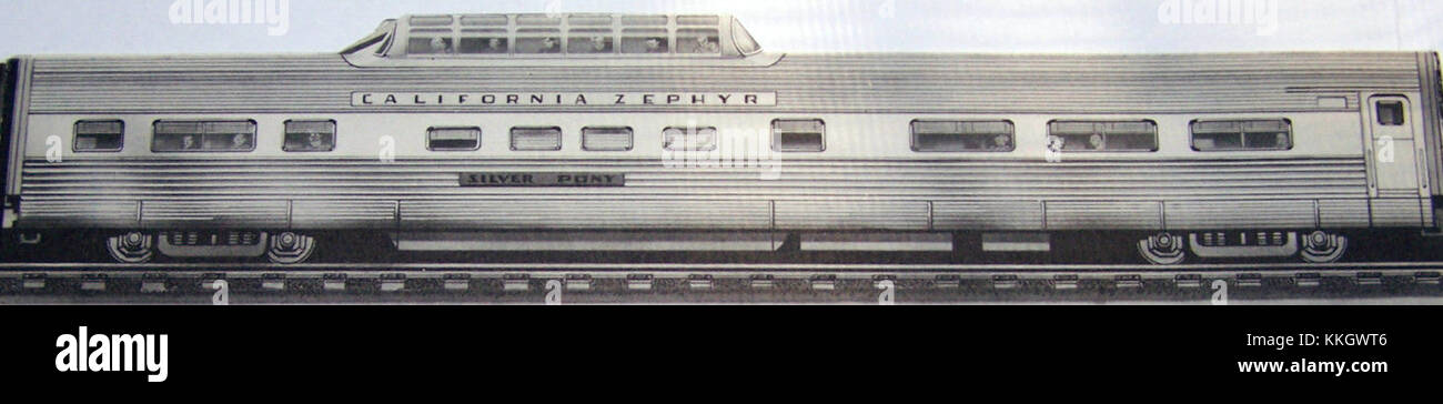 Il California Zephyr Vista Dome Silver Pony era un lussuoso vagone ferroviario per passeggeri progettato per i viaggi panoramici lungo le iconiche rotte ferroviarie degli Stati Uniti occidentali. Conosciuta per il suo caratteristico design a cupola, offre ai passeggeri viste panoramiche durante il viaggio. Foto Stock