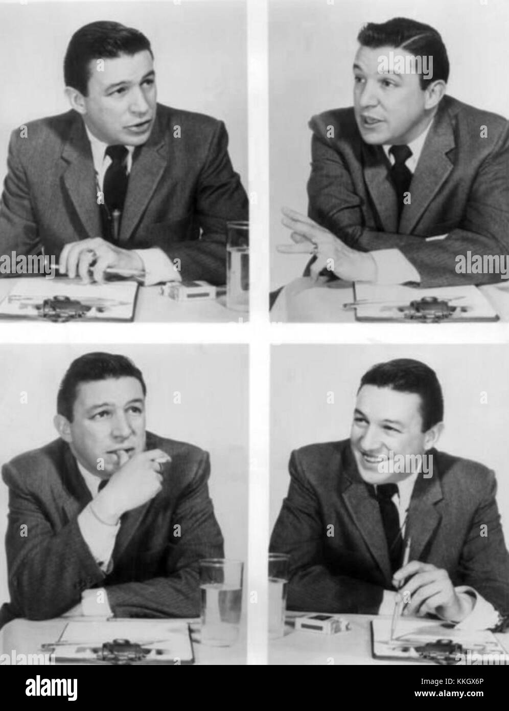 Questa immagine mostra Mike Wallace, il famoso giornalista televisivo, durante la sua serie di interviste del 1957. Il suo programma ha guadagnato importanza per le sue domande difficili e per le conversazioni influenti con figure importanti. Foto Stock