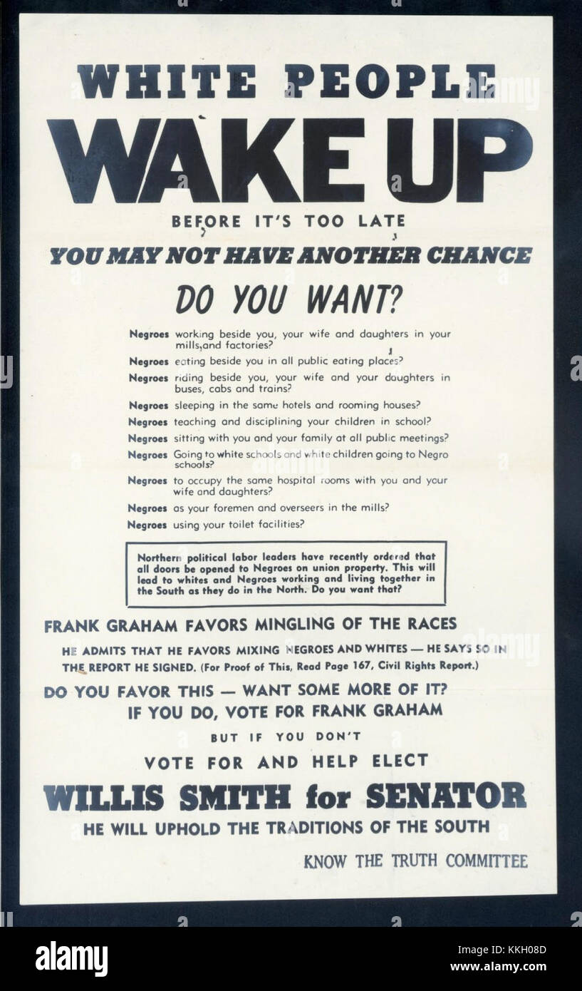 Questo volantino presenta Willis Smith, candidato alla corsa al Senato degli Stati Uniti del 1950 nella Carolina del Nord. Serve come esempio di marketing politico e storia elettorale della metà del XX secolo negli Stati Uniti. Foto Stock