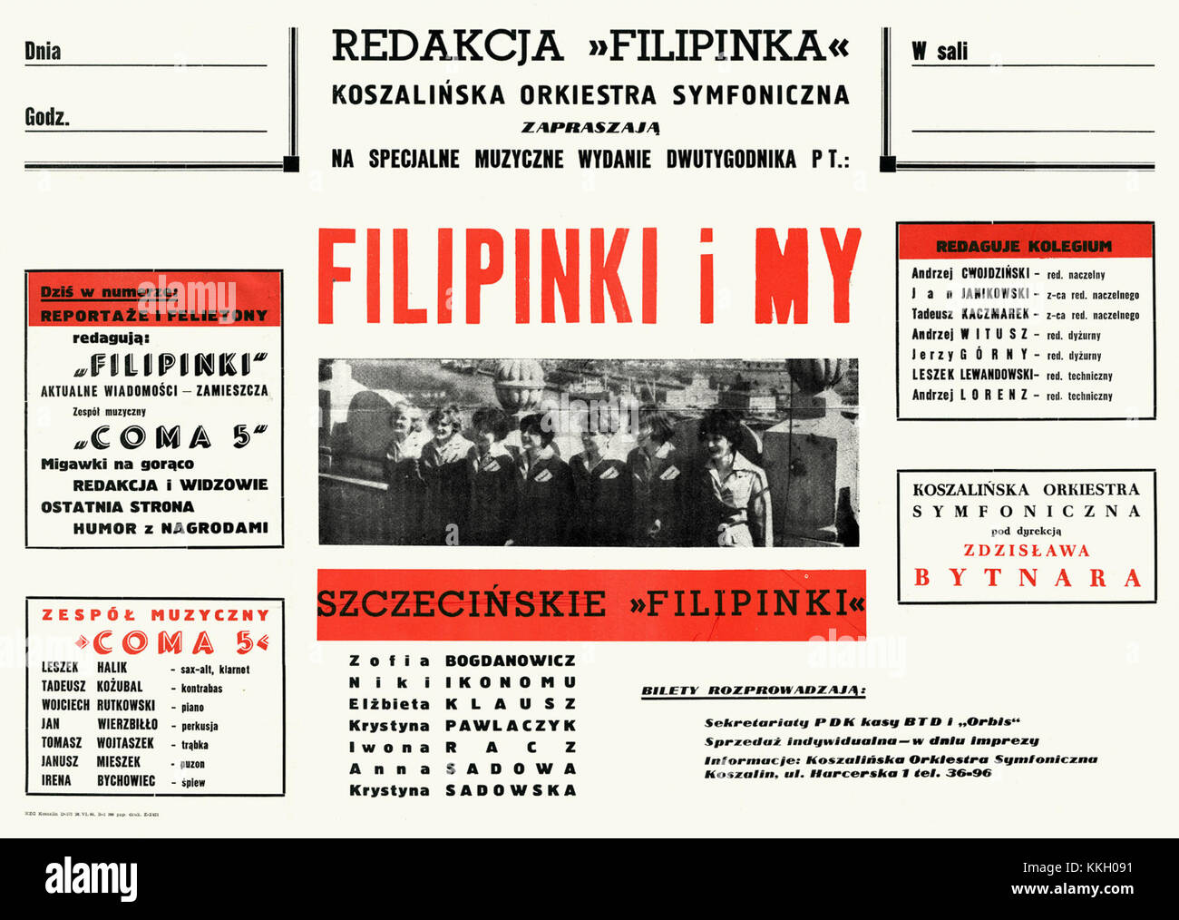 L'afisz filippina del 1964 è un poster che promuove la popolare band femminile polacca, Filipinki. Attivo durante gli anni '1960, il gruppo era noto per le loro canzoni accattivanti e il fascino giovanile, rappresentando il cambiamento culturale nella musica polacca durante l'epoca. Questo particolare poster riflette l'influenza della band sulla musica pop polacca e sulla cultura giovanile durante la metà del XX secolo. Foto Stock