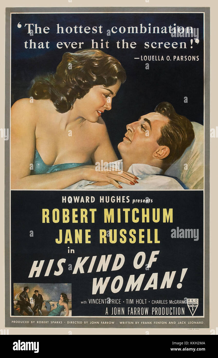 His Kind of Woman è un film noir statunitense del 1951 con Robert Mitchum e Jane Russell. Il poster rappresenta probabilmente i temi drammatici del movieâ, tra cui romanticismo, crimine e intrighi. Foto Stock