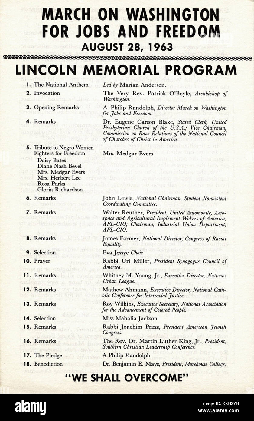 La marcia su Washington per il lavoro e la libertà, tenutasi il 28 agosto 1963, fu un evento fondamentale del movimento per i diritti civili americano. Il programma sosteneva l'uguaglianza razziale e la giustizia economica, culminando nel famoso discorso di Martin Luther King Jr. "Ho un sogno". Foto Stock