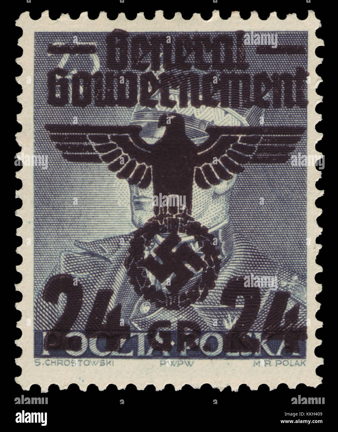 Questa immagine del 1940 presenta un francobollo del Generalgouvernement, il territorio occupato dalla Germania nazista durante la seconda guerra mondiale. Il francobollo reca un distintivo 14 Aufdruck, un marchio che indica la sua emissione sotto l'occupazione tedesca. Foto Stock