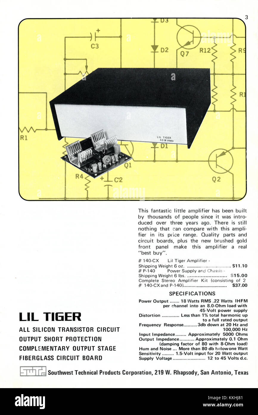 Una pagina del catalogo SWTPC del 1972 che mostra vari kit e componenti elettronici, che riflettono le innovazioni tecnologiche dei primi anni '1970 Foto Stock