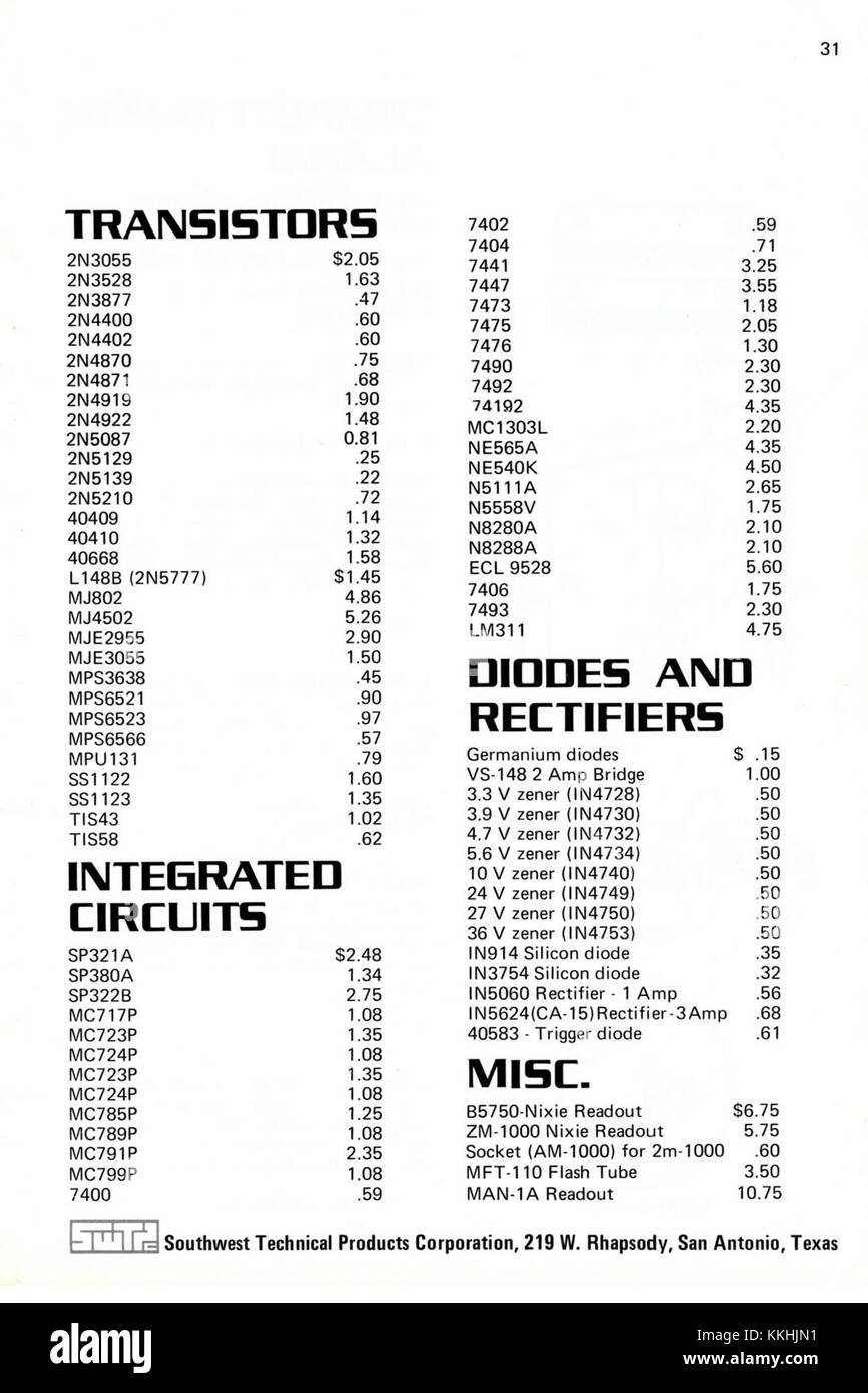 Pagina 3 del catalogo 1972 di Southwest Technical Products Corporation, che presenta la gamma di kit e componenti elettronici. Foto Stock