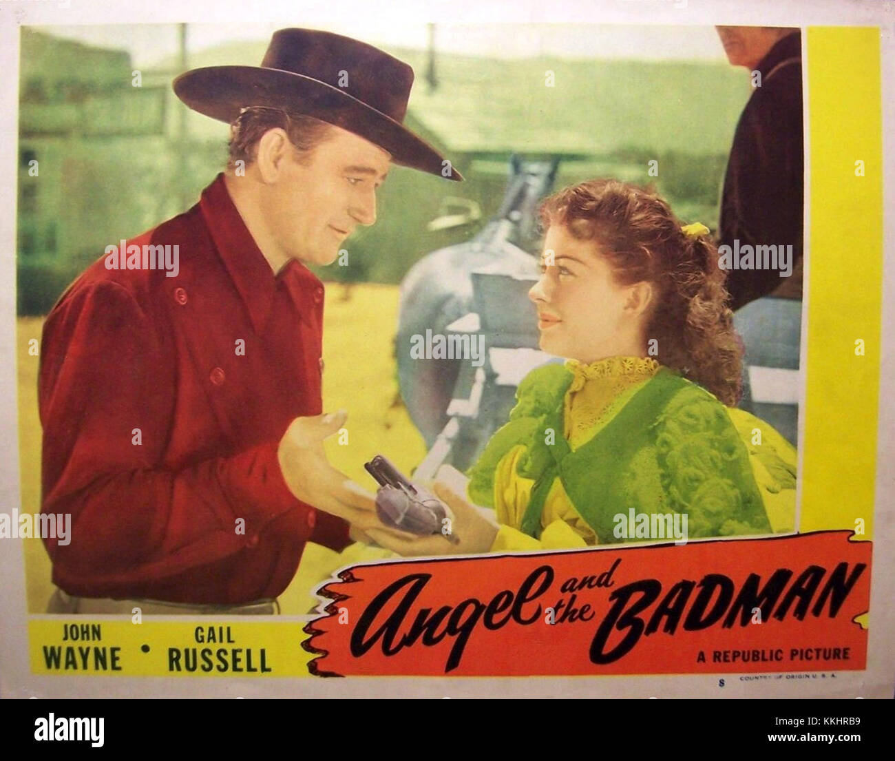 Il biglietto d'ingresso per il film "l'angelo e il Badman" presenta i personaggi chiave e le scene di questo film WESTERN del 1947. Il film, interpretato da John Wayne, è noto per la sua rappresentazione delle complesse dinamiche tra un uomo di legge e un fuorilegge. Foto Stock