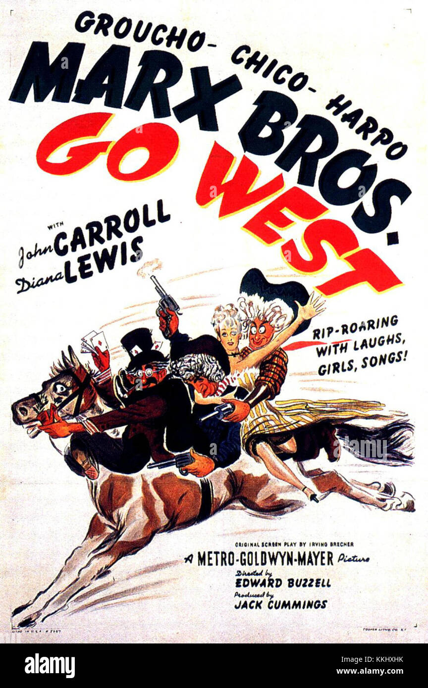 Il poster "Go West" promuove l'idea di esplorazione e avventura, tipicamente associata al West americano. Evoca temi di spirito pionieristico e l'espansione della frontiera durante il XIX secolo. Foto Stock