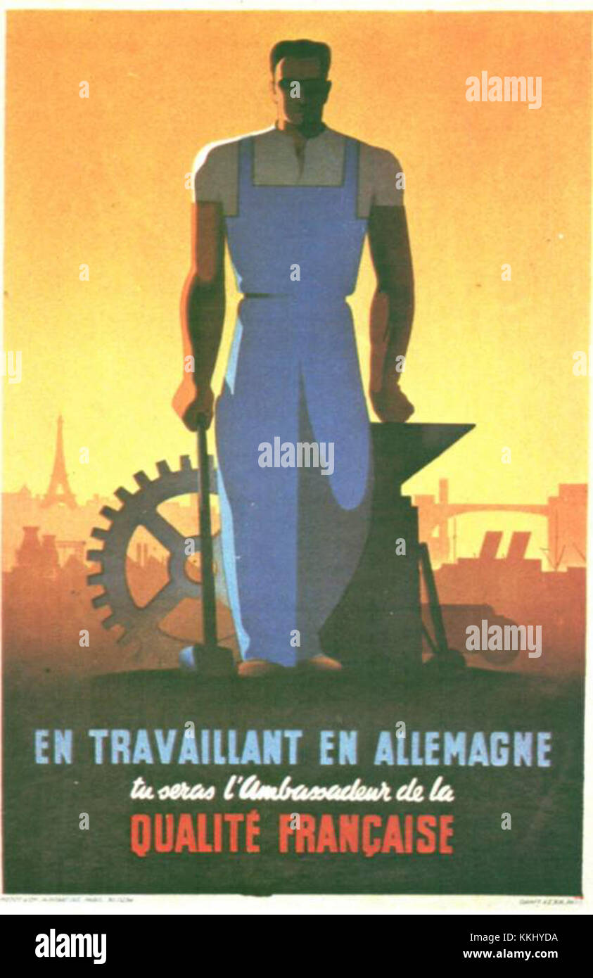 La Production Propaganda di Vichy War fu una forma di messaggistica in tempo di guerra usata durante la seconda guerra mondiale, concentrandosi sulla promozione degli sforzi di produzione nella Francia controllata da Vichy. La propaganda mirava a ispirare i lavoratori e sostenere lo sforzo bellico. Foto Stock
