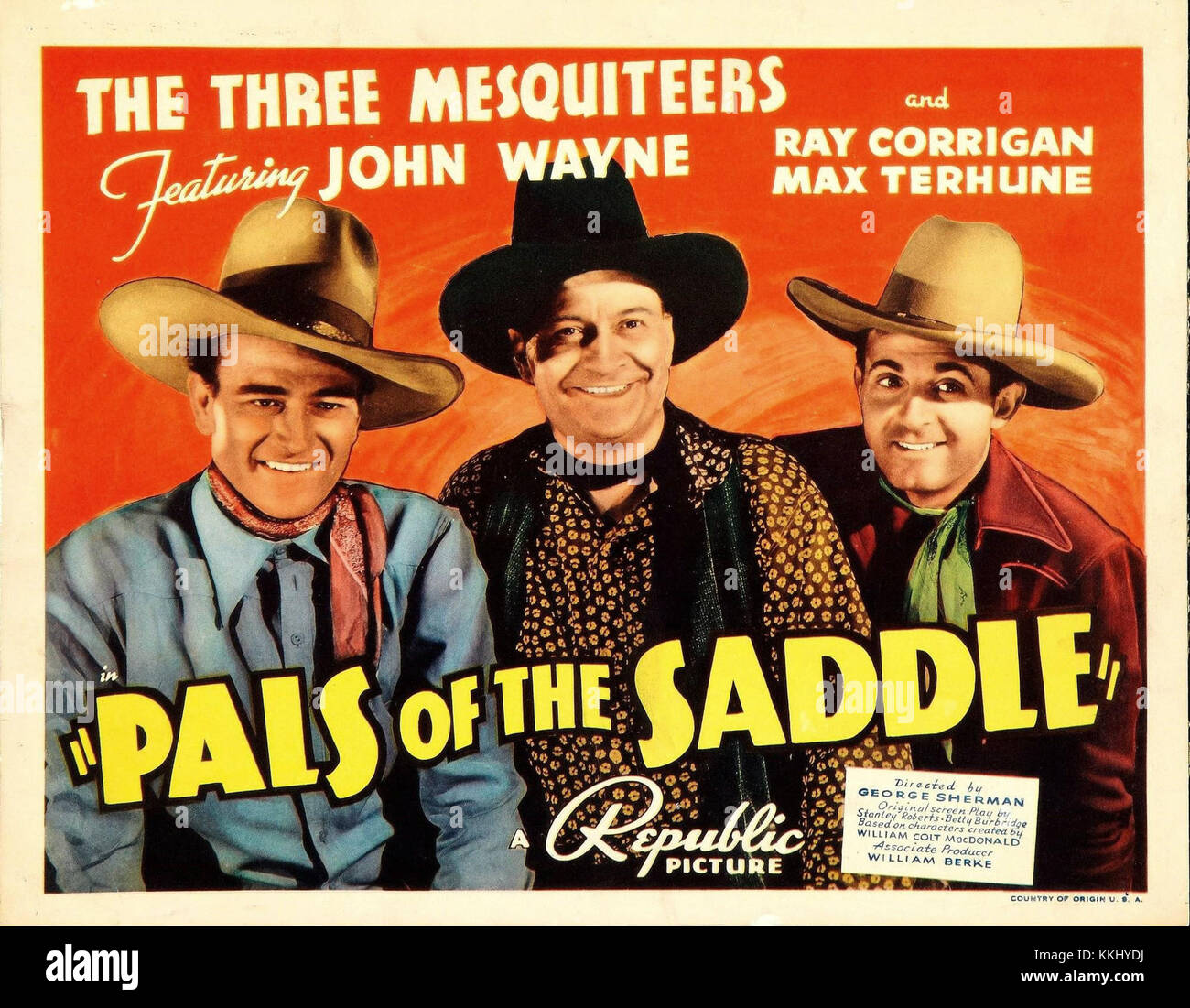 Questa lobby card presenta il film WESTERN del 1933 "Pals of the Saddle", con protagonisti famosi attori occidentali. Presenta una scena del film, enfatizzando i temi caratteristici del genere, l'amicizia e l'avventura. Foto Stock