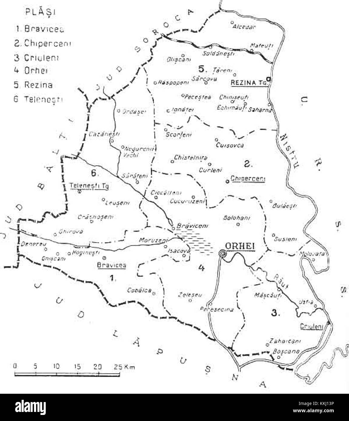 Questa mappa del 1938 di Orhei, una contea della Romania interbellica, fornisce preziose informazioni sulla struttura geografica e sulle divisioni amministrative durante il periodo tra le due guerre, riflettendo il contesto storico della Romania. Foto Stock