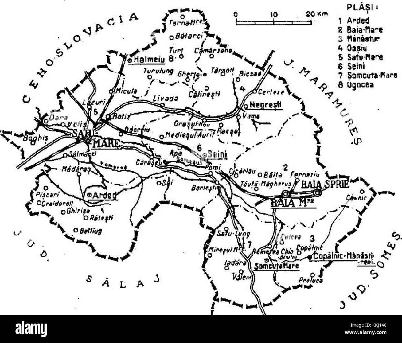 Una mappa storica del 1938 raffigurante la contea interbellica di Satu Mare, illustrando i suoi confini geografici e le divisioni amministrative prima della seconda guerra mondiale Foto Stock