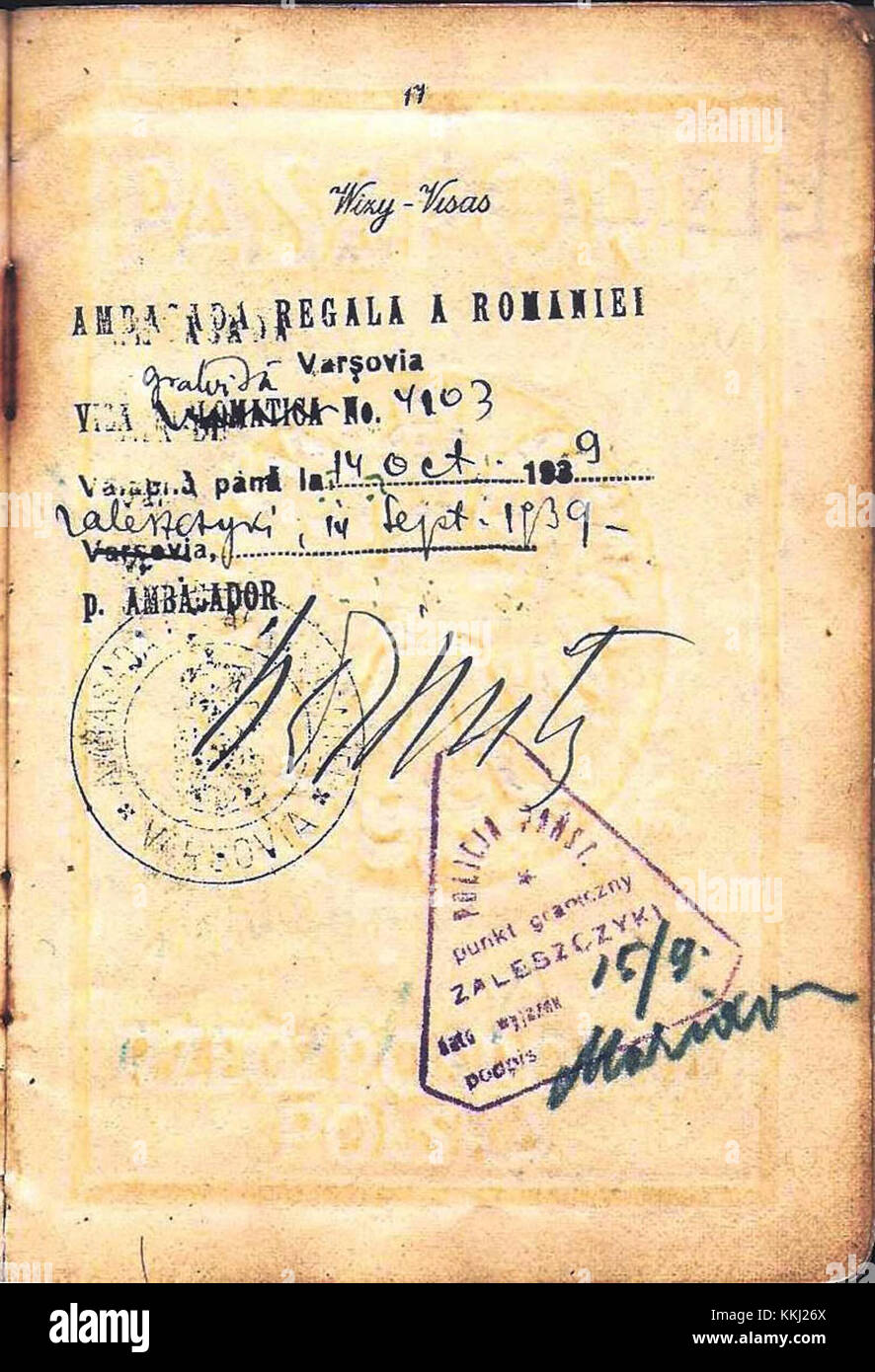 Questa foto storica del passaporto segna l'attraversamento del confine a Zalishchyky in Romania il 15 settembre 1939, pochi giorni prima dell'invasione sovietica. Fornisce informazioni sulle tensioni politiche e sui movimenti delle persone prima che la seconda guerra mondiale si intensificasse nell'Europa orientale. Foto Stock