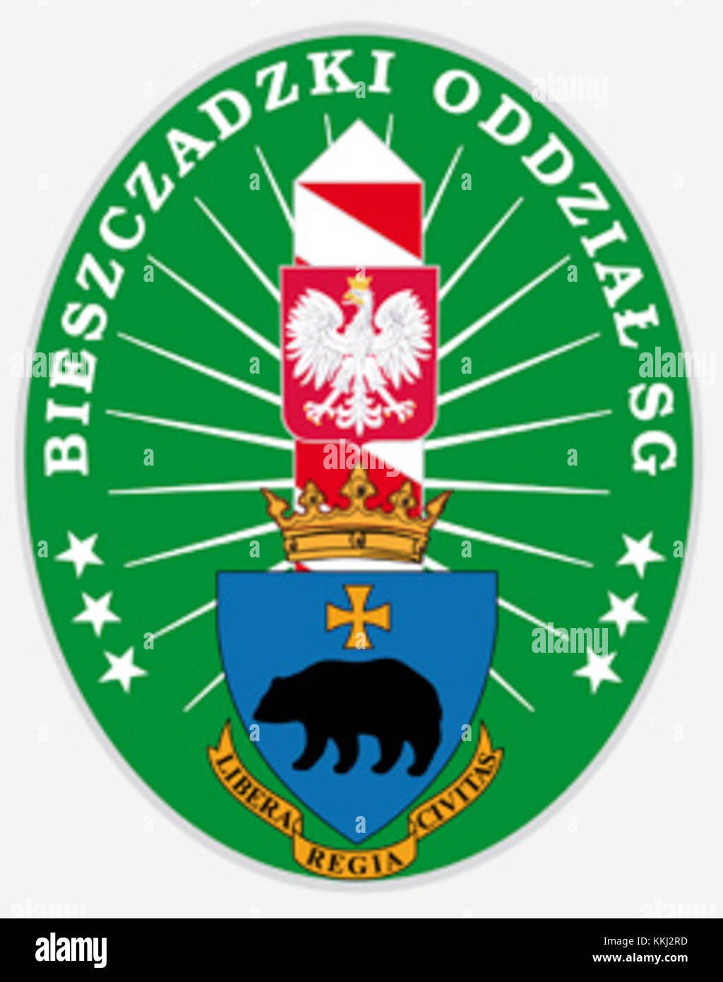 Il simbolo Bieszczadzki OSG si riferisce all'emblema associato alla Guardia di frontiera (OSG) nella regione di Bieszczady in Polonia. Il simbolo è utilizzato dalla Guardia di frontiera per rappresentare il loro ruolo nelle operazioni di sicurezza e monitoraggio della regione. Foto Stock